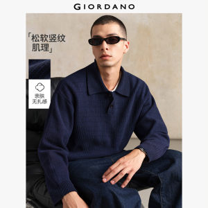 GIORDANO Men Sweaters Vertical Stripe Loose Sweaters Polo Collar Half Placket Fashionable Casual Sweaters 18055825