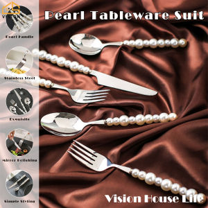 ชุดส้อมและช้อนมีดสแตนเลสชุดเครื่องใช้บนโต๊ะอาหารด้ามจับไข่มุกหรูหราโต๊ะอาหารชุดมีดช้อนส้อมสูงสำหรับศาลจัดเลี้ยงแบบตะวันตก