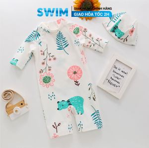 Bộ Đồ Bơi Một Mảnh Cộc Tay Kèm Mũ Cho Bé 1-7 Tuổi