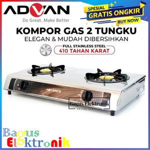 Kompor Gas Advance GB-6602 S+Selang Gas+Regulator Meter Kompor Gas 2 Tungku Stainless Steel