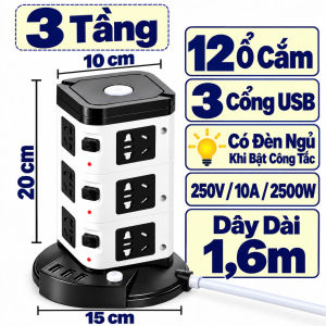 Ổ Cắm Điện Nhiều Tầng Đa Năng Kết Hợp Đèn Ngủ Và 3 Chân Sạc USB Có Công Tắc Riêng Từng Tầng Công Suất 2500W Tự Động Ngắt Khi Quá Tải