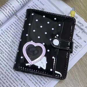 538TD Aesthetic M5 Binder Cover Minimalist Glossy Black Polka Dot Casing Heart Design Shield Snap Closure Mini Planner Jacket Daily Journaling