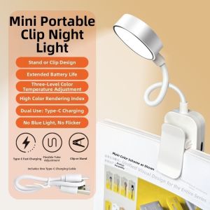 LLCY Rechargeable Mini Clip Book Lamp Eye Protection Dimmable Clip on Table Lamp  Adjustable Reading Book Light Bedroom