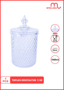 Mitra Loka Toples Kue Bijian Model Kristal Acrylic Tutup Kubah 1 Liter Kristal Transparan Cantik TUK 1138 Golden Sunkist Toples 1 Set Tutup