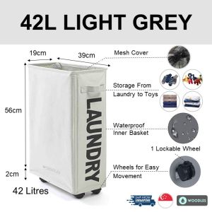[SG Stock] WOODLES Laundry Basket Slim Hamper★42L 55L 64L Capacity★4-Wheel Foldable Slim Durable Lockable Waterproof Oxford★All Purpose Storage Clothes Toys★Turquoise Beige Grey Blue Black Red★Local Shipping & Warranty