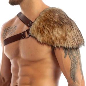 Medieval Furry Leather Shoulder Guard Medieval Cosplay Outfit Accessory Adjustable Leather Chest Harness for Men Cosplay