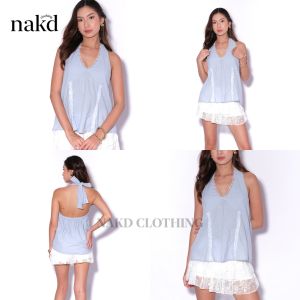 NAKD FASHION AINE BASIC COTTON LINEN V NECK HALTER LACE BACKLESS SUMMER CASUAL DIALY TOP 6048