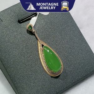 Montagne Jewelry 18k Pure Gold necklace for women Diamond Gem Inset Design Fine Jewellery Natural 35x12mm Grade A Teardrop Green Jade Pendant Necklace