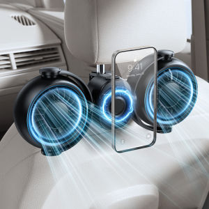 OATSBASF 360° Rotation Dual-Head Fan Car Headrest 3 Speeds Cooling Fan with Adjustable Rod Magnetic Phone Holder