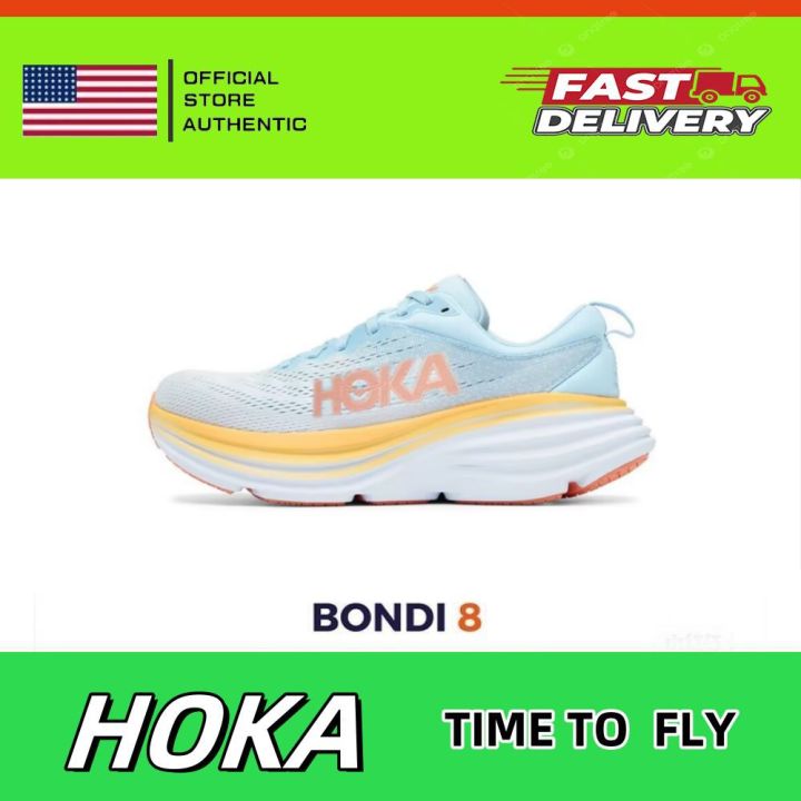 HOKA ONE ONE Bondi 8 long distance road fabric shock absorption, anti slip, wear-resistant, lightweight and low top running shoes for women, light blue