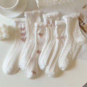 5Pairs Women Lolita JK Pink Ribbon Japanese Korean Style Long Socks Casual Socks Cotton Socks
