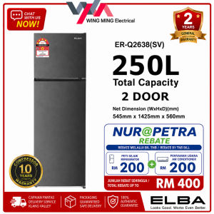 Elba Energy-Saving 2-Door Refrigerator 185L/250L/310L with 10-Year Compressor Warranty ER-Q3238(SV)/ER-Q2638(SV)/ER-Q1858(BK)