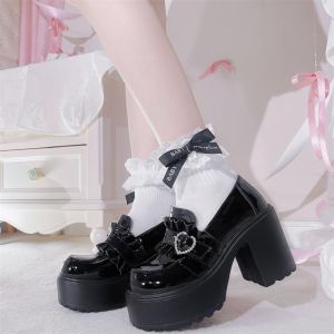 Free Shipping Thick-Soled Bow-Knot Rhinestone Flats Autumn Fashion Heart-Shaped Buckle New Round-Toe High-Heeled Leather Shoes