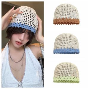 YOCKY Thin Crochet Flower Hat Bohemian Style Handmade Hollow Out Knitted Hat Fashion Ethnic Style Beanies Hat Apparel Accessories