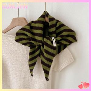[KUNLIAN] Korean Style Striped Solid Color Wool Knitted Triangular Small Scarf Shawl Headscarf Knitted Scarf Multi-functional Warm Scarf