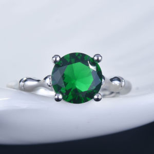 Emerald Green Round Brilliant Cut Diamond Ring Silver 4 Prong Promise Wedding Rings for Women Girls