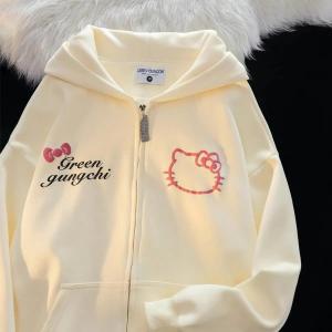 Christmas Gift Halloween Sanrio Kawaii Hello Kitty Printing Zipper Hooded Sweatshirt Anime Cartoon Students Plus Velvet Ins Loose Versatile Niche Jackets