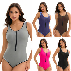 Tummy Control Swim Suits for Women 2026 Slimming One Piece Swimsuit Modest Bathing Suit Zipper Front  Solid Swimwear