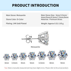 Rrjzz 0.1ct-3ct D-Color Brilliant Round Cut Lab Created Moissanite Earrings GRA 14K Gold Plated Stud Earring for Men Women Gifts2026