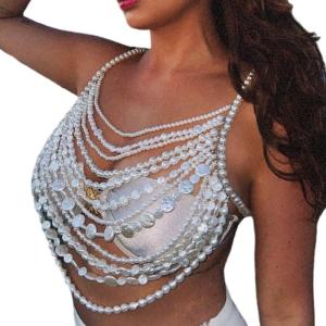 Pearls Body Chain Bra Necklace Crop Top for Women Chest Chain Multi Layer Beaded Backless Festivals Party Body Jewelry