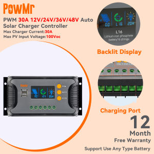 PowMr 30A/60A/80A PWM ตัวควบคุมการประจุพลังงานแสงอาทิตย์และตัวควบคุมการคายประจุ 12-48V ความแม่นยํา 100vdc แบตเตอรี่ลิเธียมกรดตะกั่ว