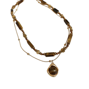 Fashionable Womens Layer Necklace Featuring a Tigers Eye Stone Pendant Designs and Stylish Chain Casual Wear Use