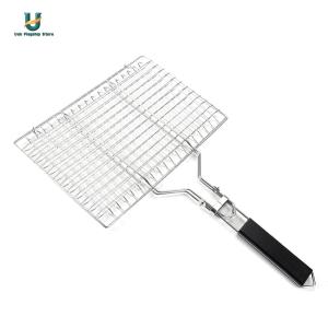 Outdoor Camping BBQ Rack Wooden Handle Fish Grill Basket Stainless Steel Grilling Basket with Detachable Handle for Fish Vegetables Steak Shrimp Chops[Ueb Flagship Store]