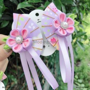[COD] Modingdue Japanese Kimono Fabric Flower Folding Fan Children Hair Accessories Clip Tassel Headwear Headdress Barrette