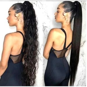 85cm Super Long Straight Ponytail Kinky Curly Ponytail Drawstring Clip in Hair Extension Natural Black for Women