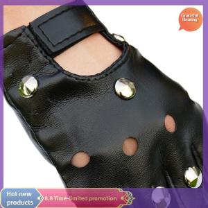 Graceful Leather Fingerless Short Gloves Black s Stud Half Finger Mittens Fashion