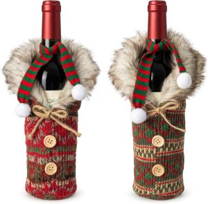 Mulon Christmas Santa Wine Bottle Cover Set - 3PC Hat Scarf & Velvet Cloak Coat Festive Holiday Table Decor