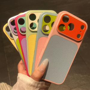 Luxury Dopamine Lichee Pattern Leather Phone Case For iPhone 17 16 Plus 15 14 13 12 Pro Max Hard PC Camera Window Gradient Cover