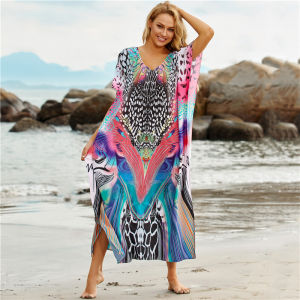 New Fashion Printing Bikini Cover Up Bohemian Beach Dress Kaftan Plus Size Short Sleeve Maxi Dress Beach Tunics