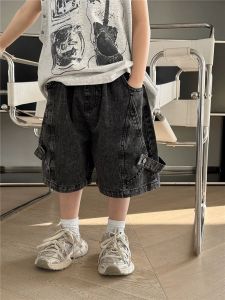 4-14 Years Summer Boys Shorts Solid Color Fashion Splicing Back Handsome Denim Workwear Pants Birthday Gifts Children Clothing2026