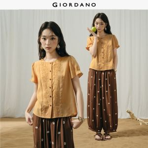 Giordano Women Embroidered round neck short puff sleeve blouse Free Shipping 18346321