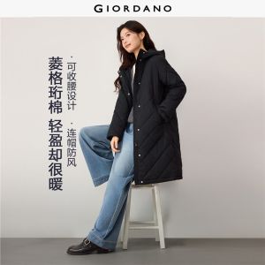 GIORDANO Women Coats Mid-Length Hooded Quilted Coats Drawstring Waist Windproof Fashionable Casual Coats 13376740