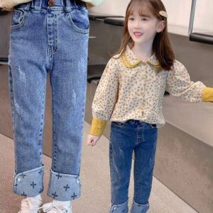 Little DR Jeans for Kids Girl Teenage Long Pants Denim Fashion Jogger Pant Sport Korean Style Palazzo Teen Children Baby Trousers Winter Elastic Waist Casual Girls seluar budak perempuan