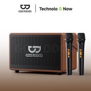 GOOJODOQ AB4091 Retro Wooden Wireless Bluetooth Speaker 3 Playback Modes Bass and Treble Adjustment with 2 Wireless Microphones parties Karaoke Home KTV Party