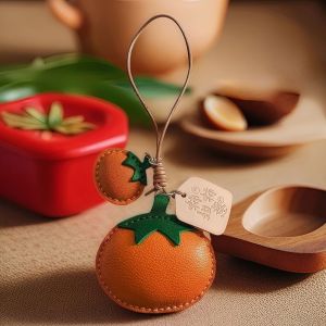NOVELLEO Funny Design Persimmon Keychain Cute Soft Leather Bag Pendant Creative Cartoon Fruit Creative Key Ring Woman