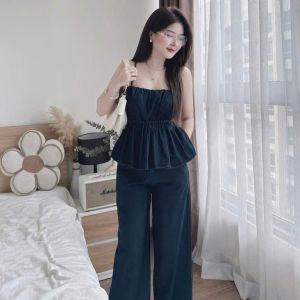 Set bộ Jean nữ măc hè đồ bộ Jean áo hai dây nhún tầng bồng phối quần suông thoải mái dễ thương