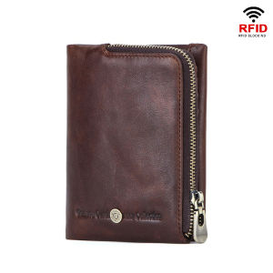 Genuine Leather Men Wallet Zipper Coin Purse High Quality Crazy Horse Leather Short Money Bag RFID Card Holder Male Small Bifold Wallet