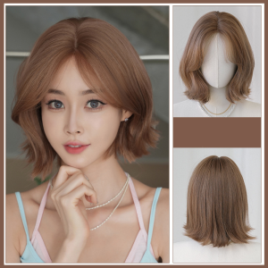Youthful Cute and Playful Style Routine Bob Wigs Short Loose Curly Chestnut Brown Wigs with Bangs  Suitable for Women Daily Role Playing