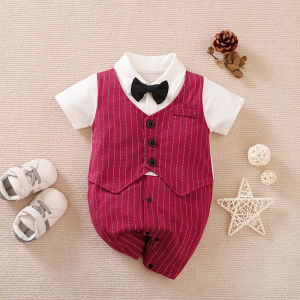 Autumn New Style Baby Clothes 100% Cotton Red Stripe Bow Tie Decorate Gentleman Bodysuit Jumpsuit Romper For Baby Boys