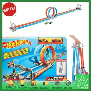 Hot Wheels Track Double Loop Dash Playset Fold & Go Racetrack Track Building Includes 2x Hot Wheels Basic Car Mainan Kereta
