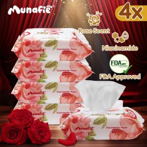 【4 Packs】Munafie Niacinamide Cleansing Wipes Rose Scented 80 Sheets 4 Pack - Alcohol Free Wet Wipes for Skin