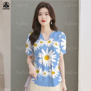 Woven Printed Soft Linen Puff Sleeves Shirt Top V Neck Knitted Blouse For Women Korean Style Daisy Patterned Pleated Blouses Women Plus Size