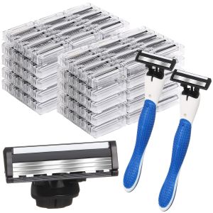 50 Pcs Refillable Three Blade Razors for Men Sensitive Skin Razor Travel Shave Set Shaving Gift Set 2 Handle & 48 Cartridges