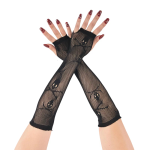 Women’s Long Arm Length Fishnet Fingerless Gloves Fish Net Arm Sleeves Skull Mesh Gloves for Halloween Cosplay Party