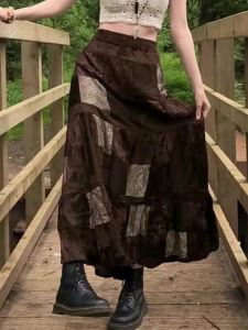 Cute Party Long Skirts Printed Boho Grunge Fairycore Retro Skirts Kawaii Holiday Brown Pleated Skirts Women Elegant