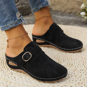 [Free Shipping] Summer New Style Closed-Toe Half-Slipper Sandals With Straps And Wedge Heels For Women Available In Large Sizes With Hollowed-Out Design